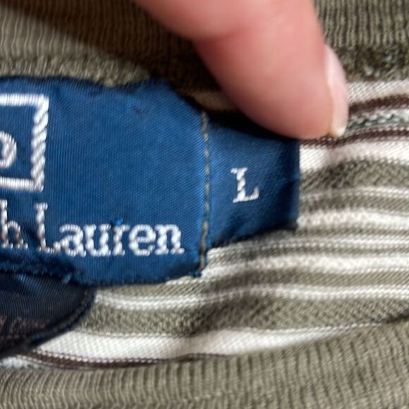 90s Vintage Polo Ralph Lauren Tan and Green Striped Tshirt Large - Picture 4 of 7